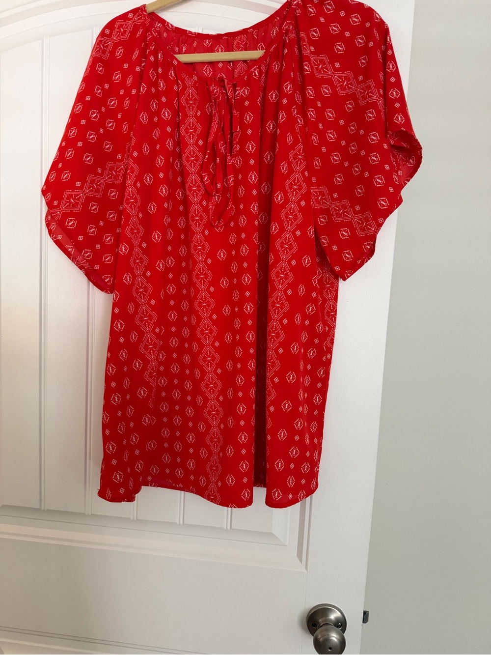 Red Patterned Peasant Top - Women